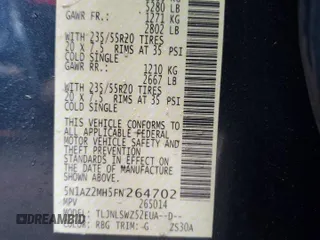 2015 Nissan Murano SV z VIN 5N1AZ2MH5FN264702, wystawiony jako Copart lot #42954455 z przebiegiem 90 261 mil mil oraz Szkoda całkowita • Salvage title. Historia ofert i sprzedaży dostępna na DreamBid. Obrazek 12.