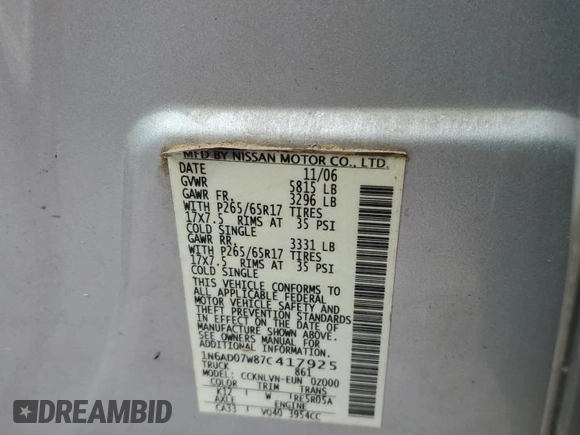 2007 Nissan Frontier Nismo with VIN 1N6AD07W87C417925, listed as a Copart auction lot 54601185 with Not provided miles and Salvage title. Bid and sale history available at DreamBid. Image 12.