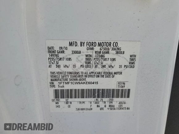 2010 Ford F-150 XL with VIN 1FTMF1CW9AKE60415, listed as a Copart auction lot 63750515 with 196,809 mi miles and Clean title. Bid and sale history available at DreamBid. Image 12.