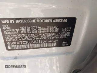 2018 BMW X1 sDrive28i with VIN WBXHU7C36J5H41267, listed as a IAAI auction lot 41270207 with 84,726 mi miles. Bid and sale history available at carsss.com. Image 9.