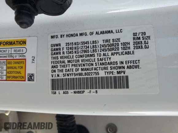 2020 Honda Pilot Touring 8-Passenger with VIN 5FNYF5H98LB022755, listed as a Copart auction lot 44343355 with 78,095 mi miles and Salvage Title. Bid and sale history available at DreamBid. Image 16.