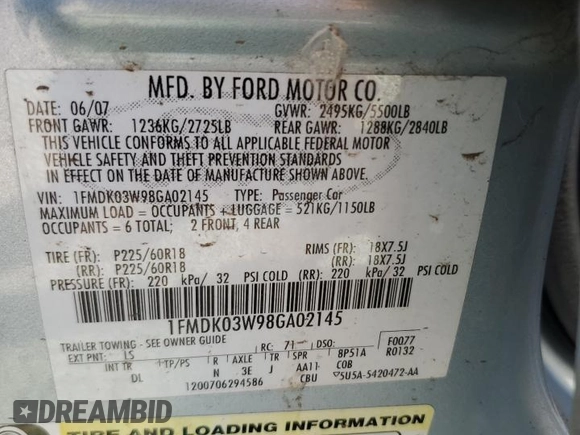 2008 Ford Taurus X Limited with VIN 1FMDK03W98GA02145, listed as a Copart auction lot 56323005 with 132,913 mi miles and Salvage Title. Bid and sale history available at DreamBid. Image 13.