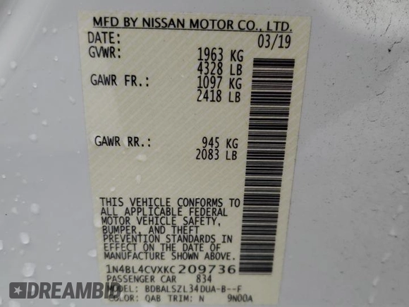 2019 Nissan Altima SR with VIN 1N4BL4CVXKC209736, listed as a Copart auction lot 48534995 with 81,525 mi miles and Salvage Title. Bid and sale history available at carsss.com. Image 14.