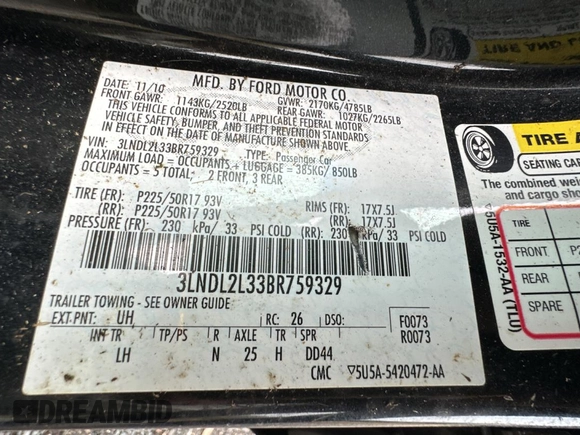 2011 Lincoln MKZ Hybrid with VIN 3LNDL2L33BR759329, listed as a Copart auction lot 42415245 with 131,927 mi miles and Clean Title. Bid and sale history available at carsss.com. Image 10.