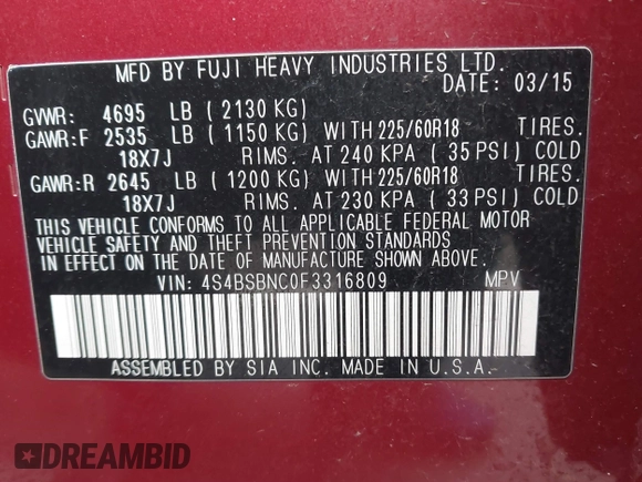 2015 Subaru Outback Limited with VIN 4S4BSBNC0F3316809, listed as a IAAI auction lot 41751576 with 120,788 mi miles and . Bid and sale history available at DreamBid. Image 9.