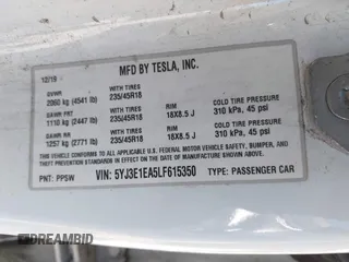 2020 Tesla Model 3 Standard Range Plus z VIN 5YJ3E1EA5LF615350, wystawiony jako IAAI lot #42194363 z przebiegiem 123 327 mil mil oraz . Historia ofert i sprzedaży dostępna na DreamBid. Obrazek 9.