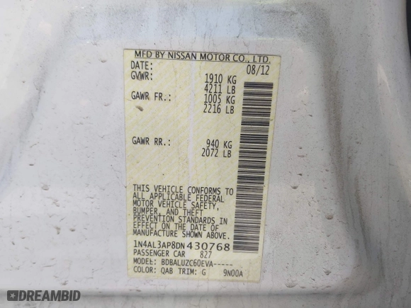 2013 Nissan Altima 2.5 S with VIN 1N4AL3AP8DN430768, listed as a IAAI auction lot 42055193 with 176,334 mi miles. Bid and sale history available at carsss.com. Image 9.