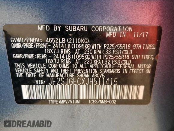 2018 Subaru Forester Premium with VIN JF2SJGECXJH511415, listed as a Copart auction lot 82927724 with 85,939 mi miles and Salvage Title. Bid and sale history available at carsss.com. Image 15.