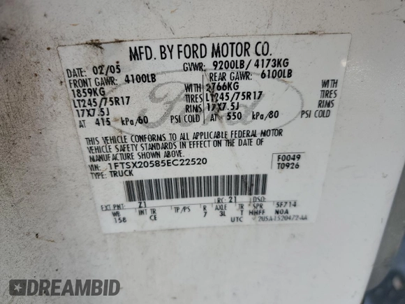 2005 Ford Super Duty F-250 XL with VIN 1FTSX20585EC22520, listed as a Copart auction lot 42855675 with 0 mi miles and Clean Title. Bid and sale history available at carsss.com. Image 12.