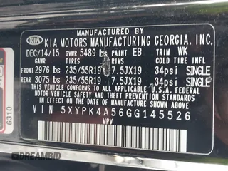 2016 Kia Sorento SX with VIN 5XYPK4A56GG145526, listed as a IAAI auction lot 41947872 with 89,601 mi miles. Bid and sale history available at carsss.com. Image 9.