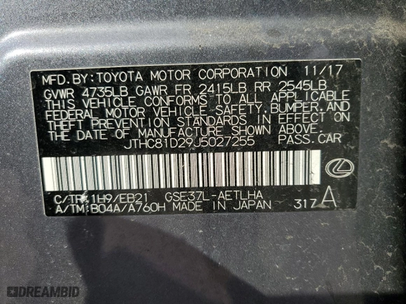 2018 Lexus IS with VIN JTHC81D29J5027255, listed as a Copart auction lot 49299855 with 110,750 mi miles and Salvage Title. Bid and sale history available at carsss.com. Image 12.