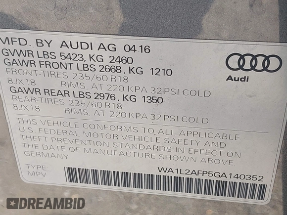 2016 Audi Q5 Premium Plus z VIN WA1L2AFP5GA140352, wystawiony jako IAAI lot #42605558 z przebiegiem 106 185 mil mil oraz . Historia ofert i sprzedaży dostępna na DreamBid. Obrazek 9.