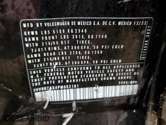 2023 Volkswagen Tiguan S с VIN 3VVRB7AX4PM052181, выставлен на аукционе Copart как лот 44632545 с пробегом 34 966 миль миль и Списание • Salvage title. История ставок и продаж доступна на DreamBid. Изображение 13.