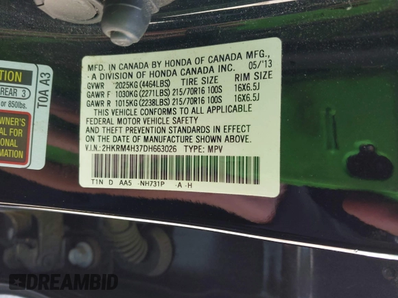 2013 Honda CR-V LX with VIN 2HKRM4H37DH663026, listed as a IAAI auction lot 42131709 with 107,107 mi miles and . Bid and sale history available at DreamBid. Image 9.