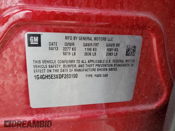 2013 Buick LaCrosse Premium 2 with VIN 1G4GH5E3XDF283190, listed as a Copart auction lot 51021605 with 60,630 mi miles and Salvage title. Bid and sale history available at DreamBid. Image 12.