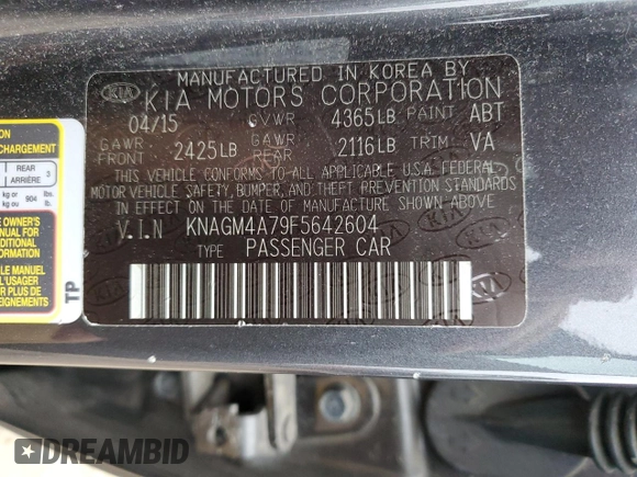 2015 Kia Optima LX with VIN KNAGM4A79F5642604, listed as a Copart auction lot 85157924 with 62,066 mi miles and Salvage Title. Bid and sale history available at carsss.com. Image 12.