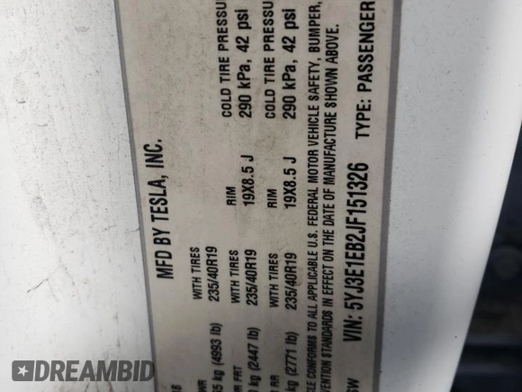 2018 Tesla Model 3 Long Range Battery with VIN 5YJ3E1EB2JF151326, listed as a Copart auction lot 47139055 with 106,271 mi miles and Salvage Title. Bid and sale history available at DreamBid. Image 14.