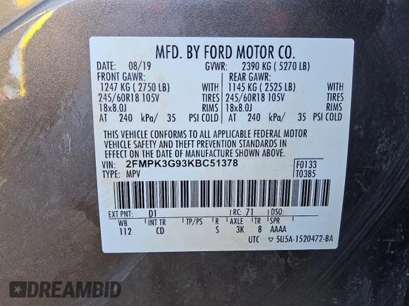 2019 Ford Edge SE с VIN 2FMPK3G93KBC51378, выставлен на аукционе Copart как лот 61231395 с пробегом 144 269 миль миль и Чистый • Clean title. История ставок и продаж доступна на DreamBid. Изображение 13.