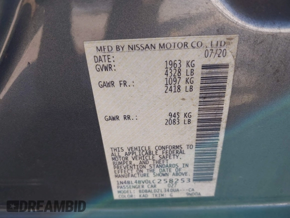 2020 Nissan Altima S with VIN 1N4BL4BV0LC258253, listed as a IAAI auction lot 41735757 with 97,561 mi miles and . Bid and sale history available at carsss.com. Image 9.