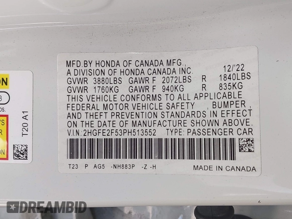 2023 Honda Civic Sport with VIN 2HGFE2F53PH513552, listed as a IAAI auction lot 42595794 with 24,674 mi miles and . Bid and sale history available at DreamBid. Image 9.