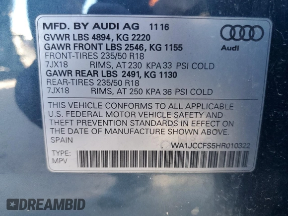 2017 Audi Q3 Premium Plus with VIN WA1JCCFS5HR010322, listed as a Copart auction lot 70188182 with 47,963 mi miles. Bid and sale history available at carsss.com. Image 14.