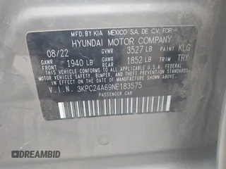 2022 Hyundai Accent SE с VIN 3KPC24A69NE183575, выставлен на аукционе IAAI как лот 42259652 с пробегом 83 052 миль миль и . История ставок и продаж доступна на DreamBid. Изображение 9.