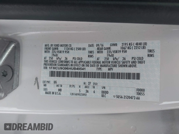 2017 Ford Escape SE with VIN 1FMCU9G96HUB49541, listed as a IAAI auction lot 41381783 with 178,323 mi miles. Bid and sale history available at carsss.com. Image 9.