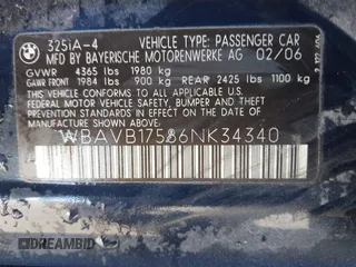 2006 BMW 3 Series 325i with VIN WBAVB17586NK34340, listed as a IAAI auction lot 41380590 with Not Provided miles. Bid and sale history available at carsss.com. Image 9.