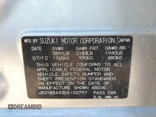 2013 Suzuki SX4 Crossover with VIN JS2YB5A33D6100797, listed as a IAAI auction lot 40826956 with 110,016 mi miles. Bid and sale history available at carsss.com. Image 9.