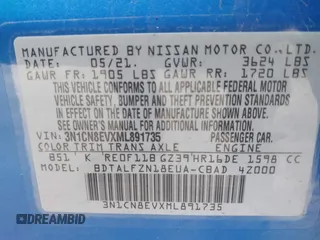2021 Nissan Versa SV with VIN 3N1CN8EVXML891735, listed as a IAAI auction lot 41792000 with 64,201 mi miles. Bid and sale history available at carsss.com. Image 9.