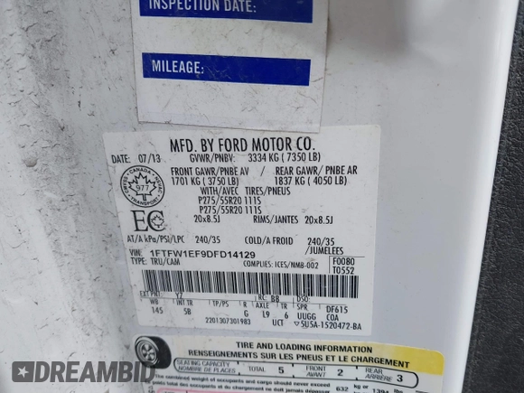 2013 Ford F-150 XL with VIN 1FTFW1EF9DFD14129, listed as a IAAI auction lot 41585143 with 190,047 mi miles. Bid and sale history available at carsss.com. Image 9.