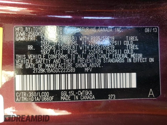 2013 Lexus RX 350 z VIN 2T2BK1BA5DC223589, wystawiony jako Copart lot #57445625 z przebiegiem 145 778 mil mil oraz Szkoda całkowita • Salvage title. Historia ofert i sprzedaży dostępna na DreamBid. Obrazek 13.