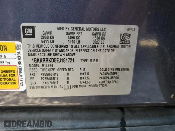 2014 GMC Acadia SLT z VIN 1GKKRRKD5EJ181721, wystawiony jako Copart lot #50465495 z przebiegiem 148 636 mil mil oraz Szkody całkowita. Historia ofert i sprzedaży dostępna na DreamBid. Obrazek 13.