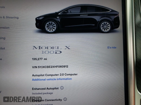 2017 Tesla Model X 90D z VIN 5YJXCBE2XHF060912, wystawiony jako Copart lot #85946834 z przebiegiem 135 277 mil mil oraz Szkoda całkowita • Salvage title. Historia ofert i sprzedaży dostępna na DreamBid. Obrazek 9.