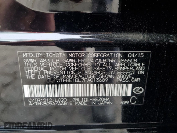 2015 Lexus GS 350 with VIN JTHBE1BL7FA013689, listed as a Copart auction lot 55240475 with 48,324 mi miles and Salvage title. Bid and sale history available at DreamBid. Image 12.