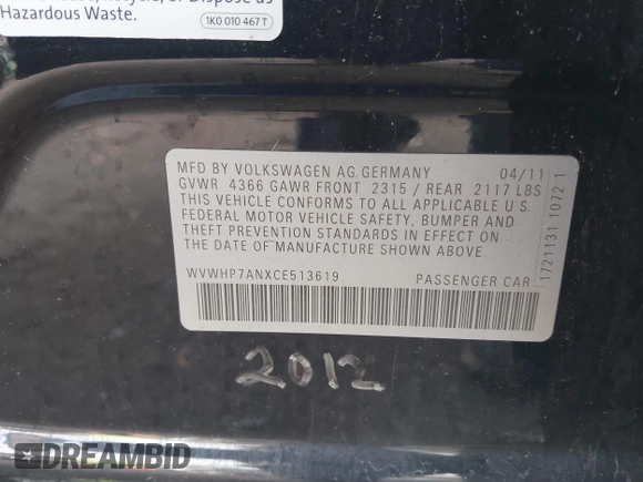 2012 Volkswagen CC Lux PZEV with VIN WVWHP7ANXCE513619, listed as a IAAI auction lot 41476949 with 254,162 mi miles. Bid and sale history available at carsss.com. Image 9.