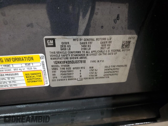 2013 Chevrolet Traverse LS with VIN 1GNKVFKD5DJ227818, listed as a Copart auction lot 47847575 with 198,489 mi miles and Salvage Title. Bid and sale history available at DreamBid. Image 13.