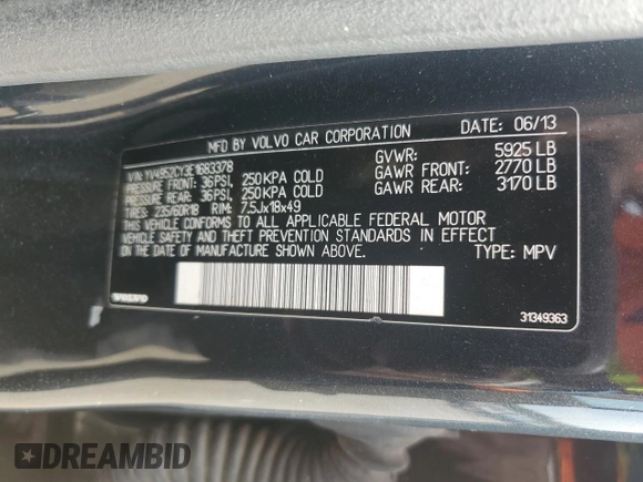 2014 Volvo XC90 with VIN YV4952CY3E1683378, listed as a Copart auction lot 55995615 with 121,357 mi miles and Salvage title. Bid and sale history available at DreamBid. Image 13.