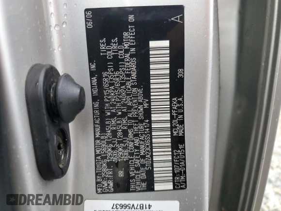 2006 Toyota Sienna CE with VIN 5TDZA23CX6S514174, listed as a Copart auction lot 54004975 with 195,685 mi miles and Salvage Title. Bid and sale history available at DreamBid. Image 14.