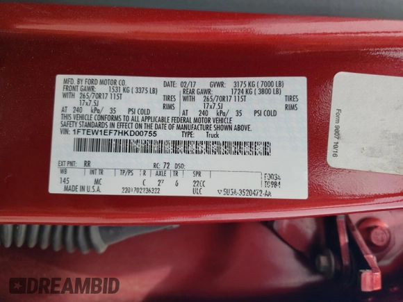 2017 Ford F-150 XL с VIN 1FTEW1EF7HKD00755, выставлен на аукционе Copart как лот 59780015 с пробегом 106 441 миль миль и Списание • Salvage title. История ставок и продаж доступна на DreamBid. Изображение 12.