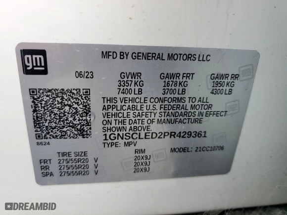 2023 Chevrolet Tahoe Commercial with VIN 1GNSCLED2PR429361, listed as a Copart auction lot 54064925 with 33,475 mi miles and Salvage Title. Bid and sale history available at carsss.com. Image 13.