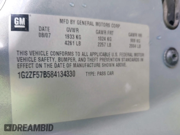 2008 Pontiac G6 1SV Value Leader z VIN 1G2ZF57B584134330, wystawiony jako IAAI lot #42176463 z przebiegiem 148 840 mil mil oraz . Historia ofert i sprzedaży dostępna na DreamBid. Obrazek 9.