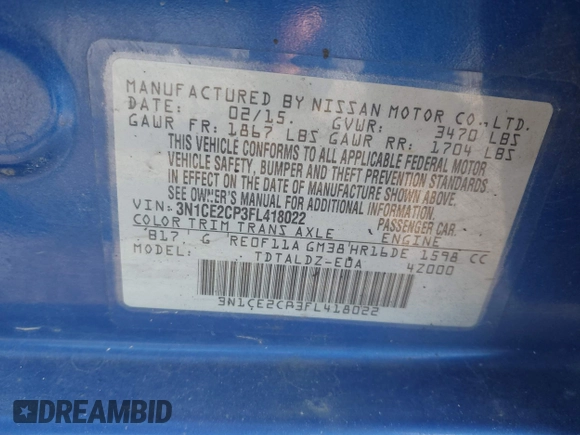 2015 Nissan Note SR with VIN 3N1CE2CP3FL418022, listed as a IAAI auction lot 42627848 with 147,479 mi miles and . Bid and sale history available at DreamBid. Image 9.