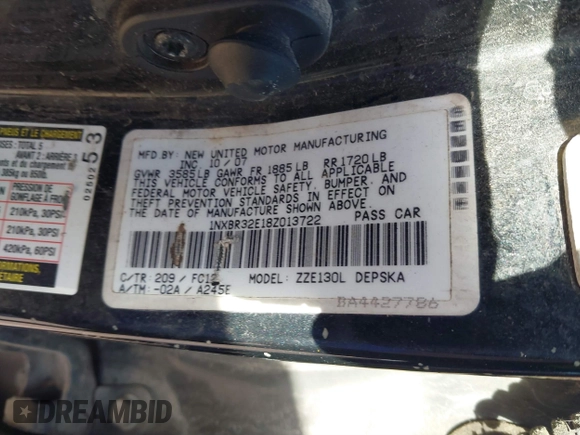 2008 Toyota Corolla CE with VIN 1NXBR32E18Z013722, listed as a IAAI auction lot 41719730 with 291,648 mi miles and . Bid and sale history available at DreamBid. Image 9.