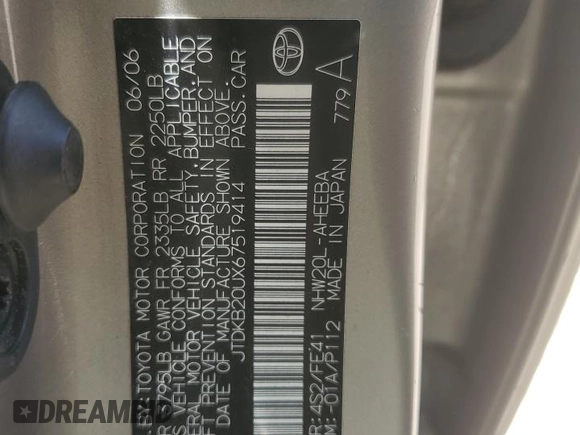 2006 Toyota Prius with VIN JTDKB20UX67519414, listed as a Copart auction lot 56269265 with 122,955 mi miles and Clean Title. Bid and sale history available at DreamBid. Image 12.