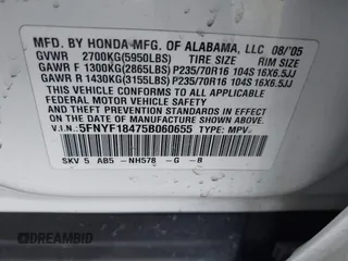 2005 Honda Pilot EX with VIN 5FNYF18475B060655, listed as a IAAI auction lot 41381619 with 142,680 mi miles and . Bid and sale history available at DreamBid. Image 9.