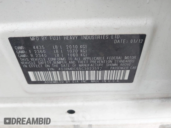 2012 Subaru Legacy Premium with VIN 4S3BMBC65C3023592, listed as a IAAI auction lot 42511849 with 151,029 mi miles and . Bid and sale history available at DreamBid. Image 9.