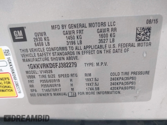 2015 GMC Acadia SLT with VIN 1GKKVRKD6FJ382279, listed as a IAAI auction lot 42165910 with 113,952 mi miles. Bid and sale history available at carsss.com. Image 9.