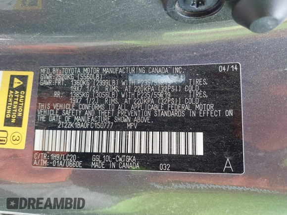2015 Lexus RX 350 with VIN 2T2ZK1BA0FC150777, listed as a IAAI auction lot 42338786 with 109,815 mi miles and . Bid and sale history available at DreamBid. Image 9.