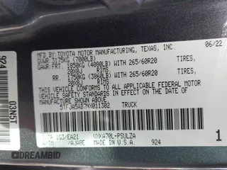 2022 Toyota Tundra Limited with VIN 5TFJA5AB7NX011302, listed as a IAAI auction lot 41400983 with 93,747 mi miles and . Bid and sale history available at DreamBid. Image 9.
